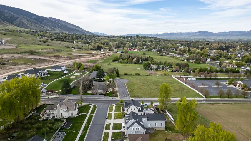 Aerial perspective of suburban area featuring mountains