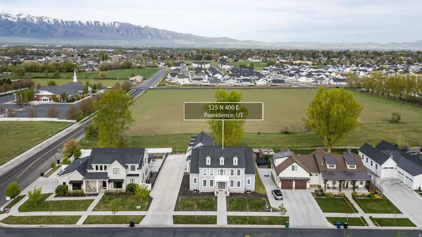 Aerial view of residential area with mountains
