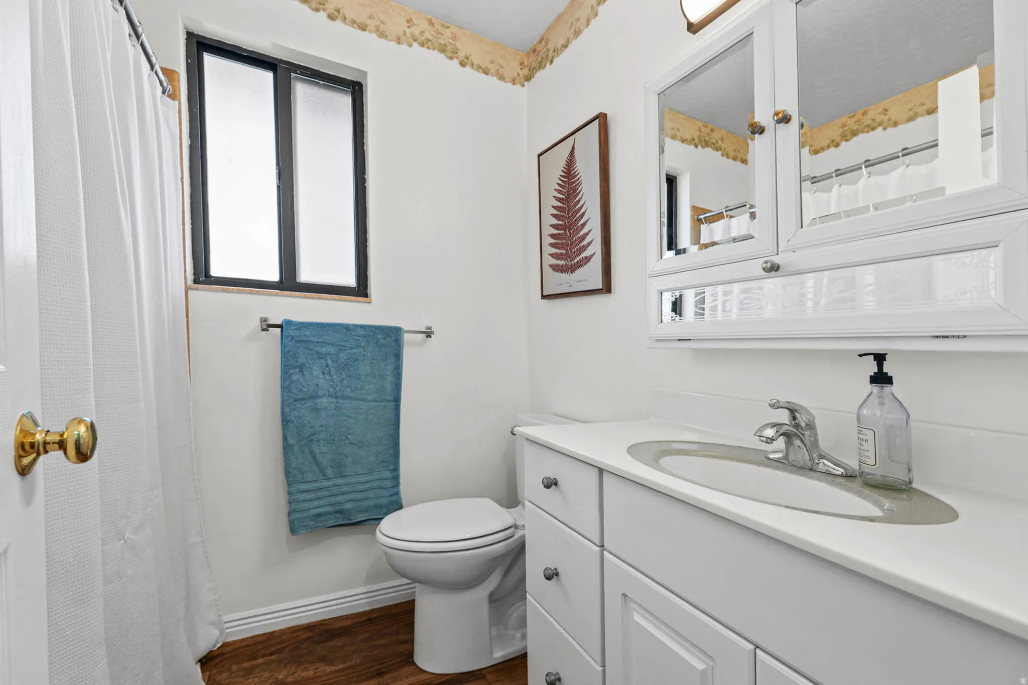 Full bathroom with vanity, curtained shower, and dark wood finished floors