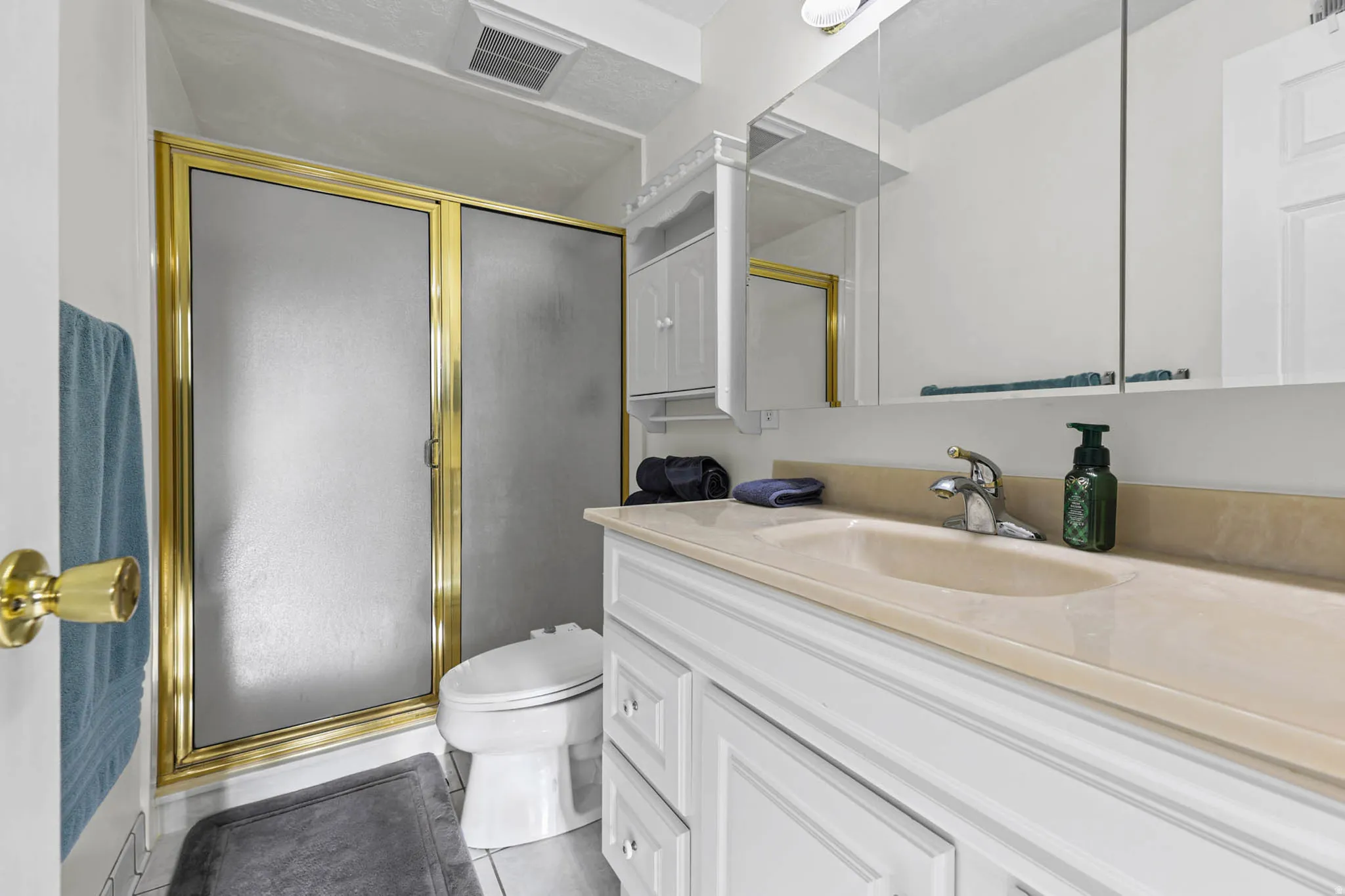 Full bathroom featuring vanity, a shower stall, and light tile patterned floors