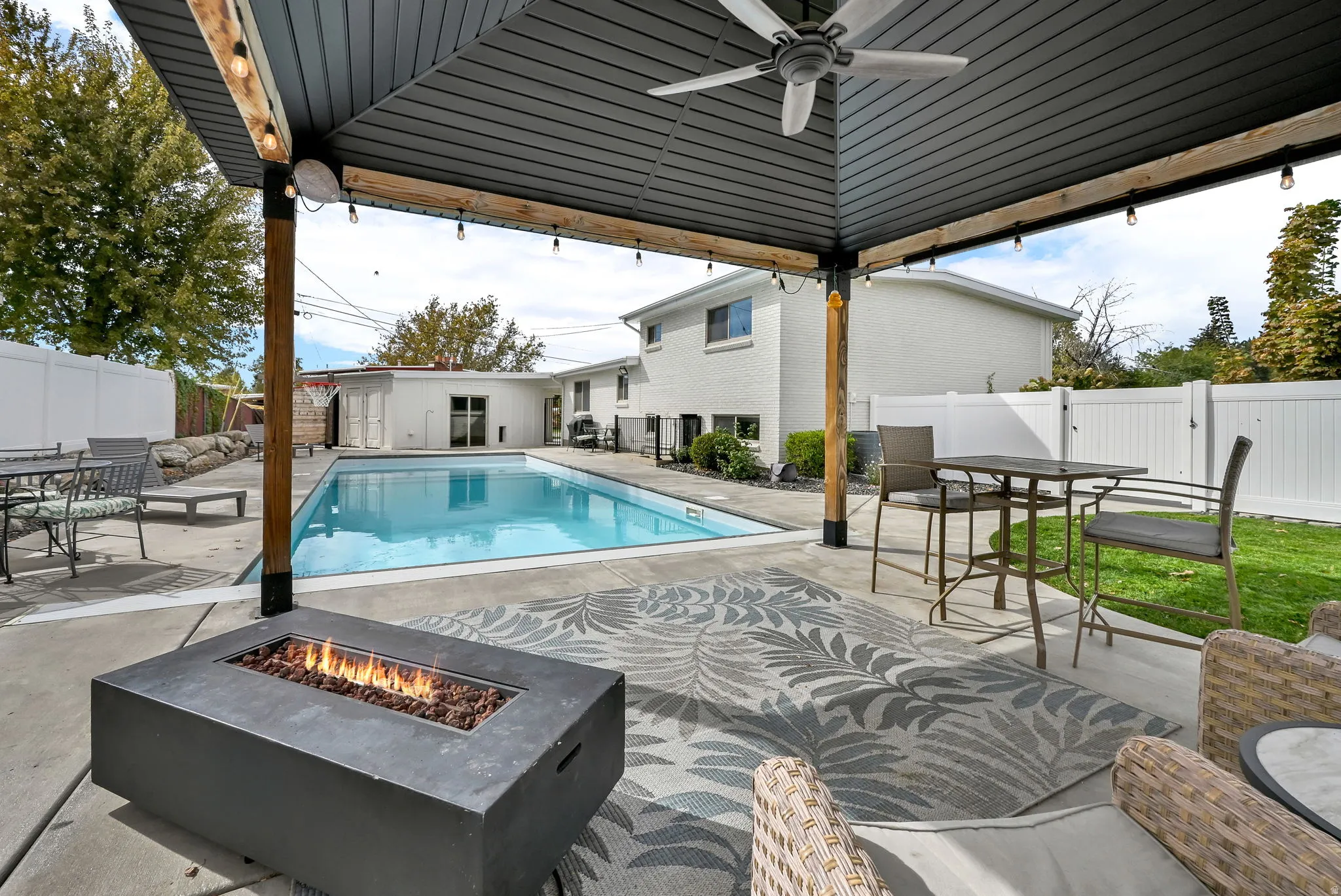 View of swimming pool with a patio, a fenced backyard, an outdoor fire pit, and outdoor dining area
