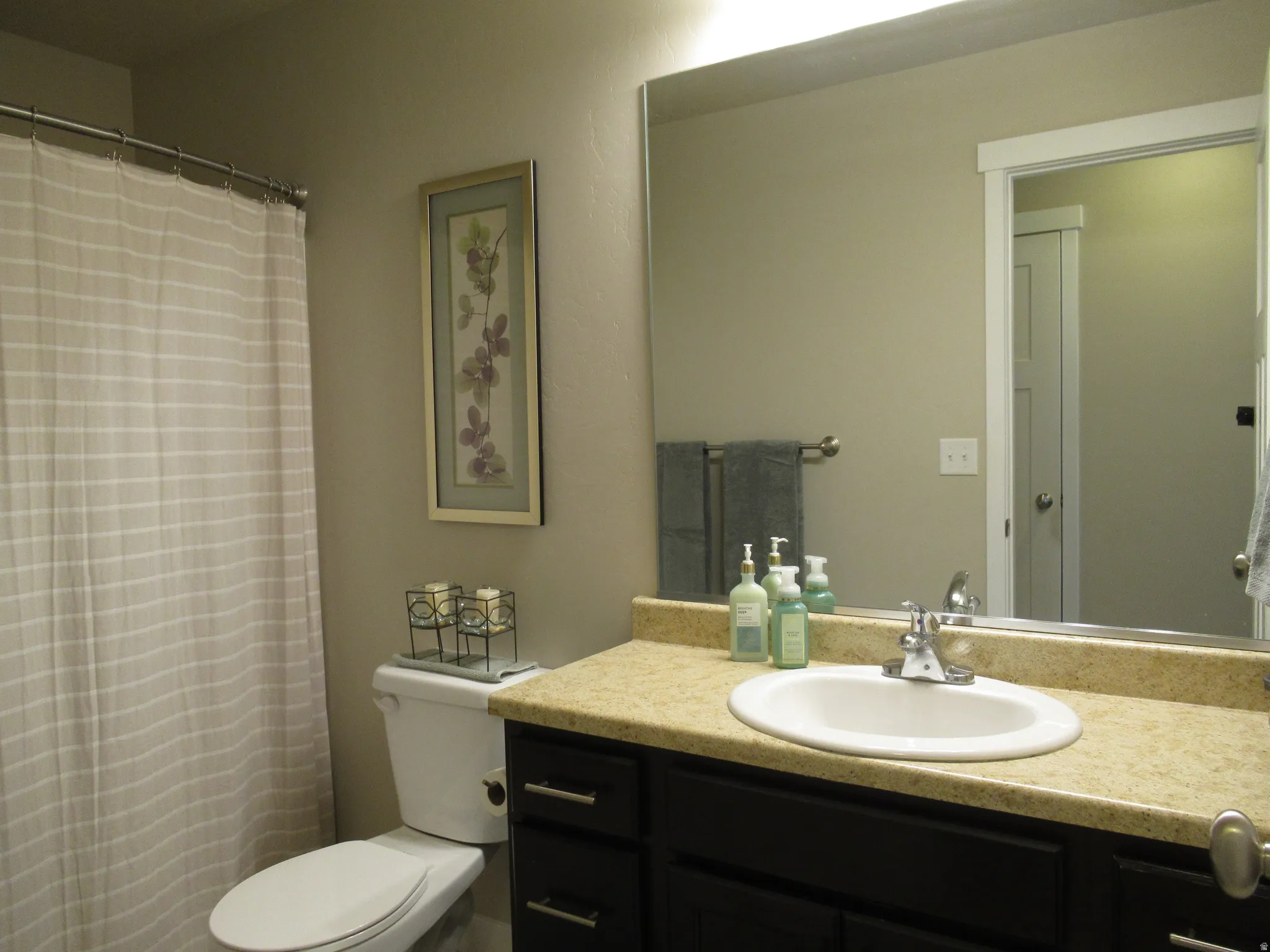 Full bathroom with vanity and curtained shower