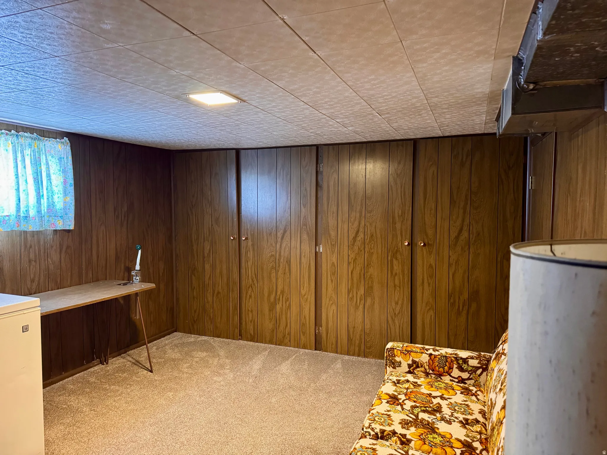 Basement with light carpet, washer / dryer, and wooden walls