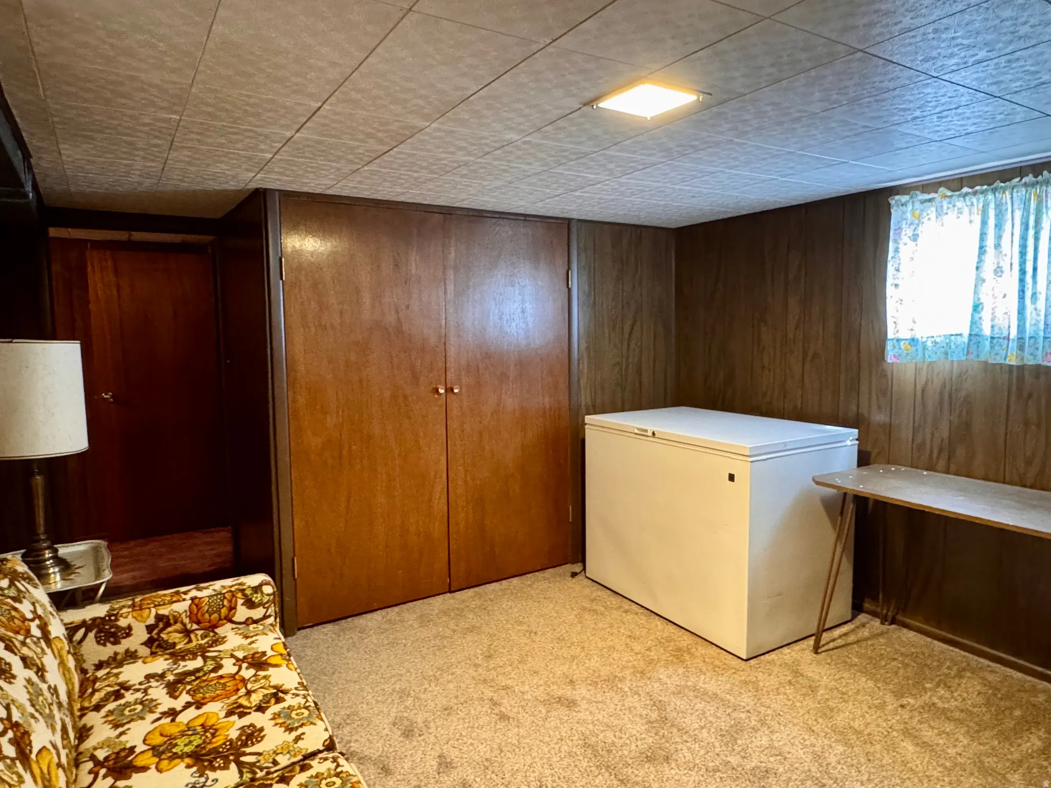 Laundry area featuring light carpet and wood walls