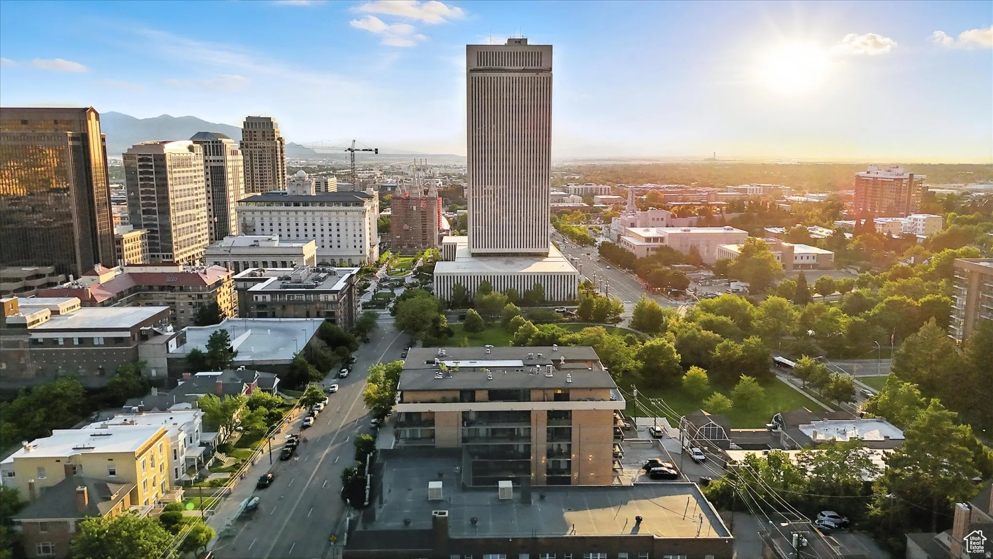 City view featuring the sun starting to set