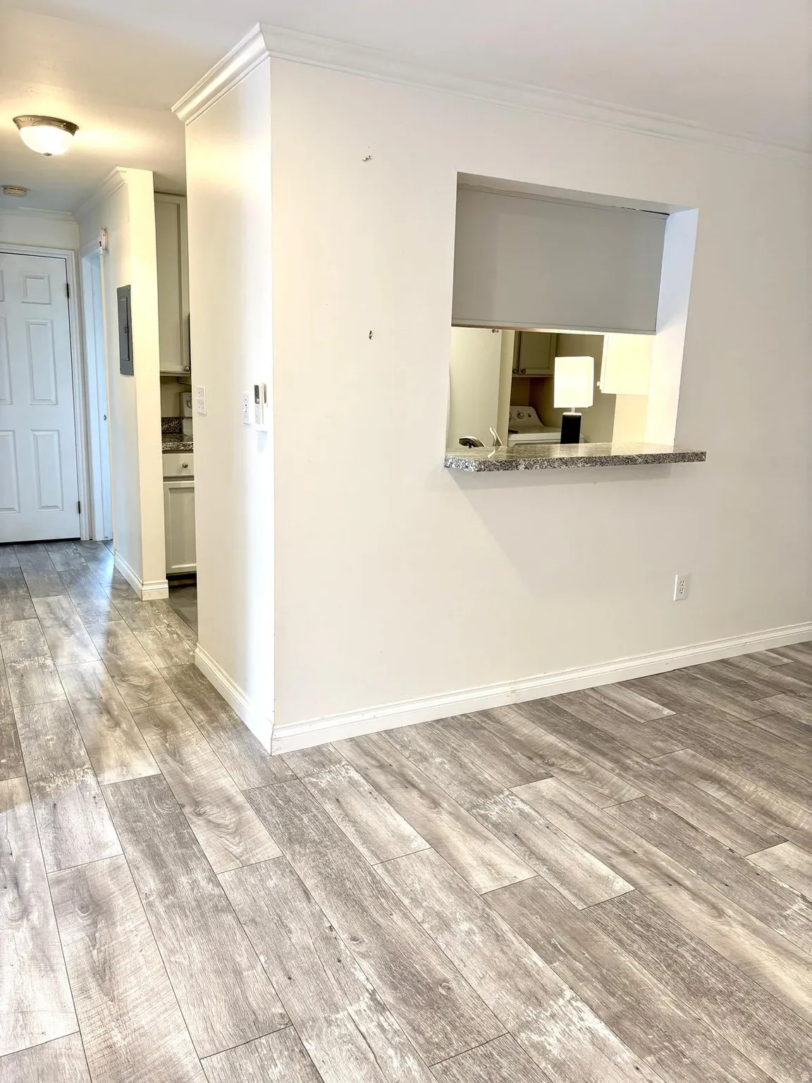 Unfurnished room with crown molding and light wood-style flooring