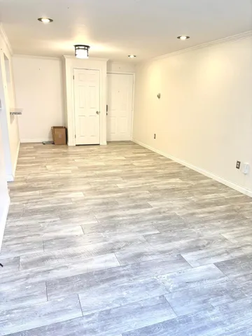Unfurnished room with ornamental molding and light wood-style floors
