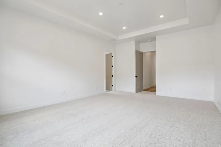 Recessed lighting, tray ceiling, light-toned carpeting, white walls, and a contemporary gray door