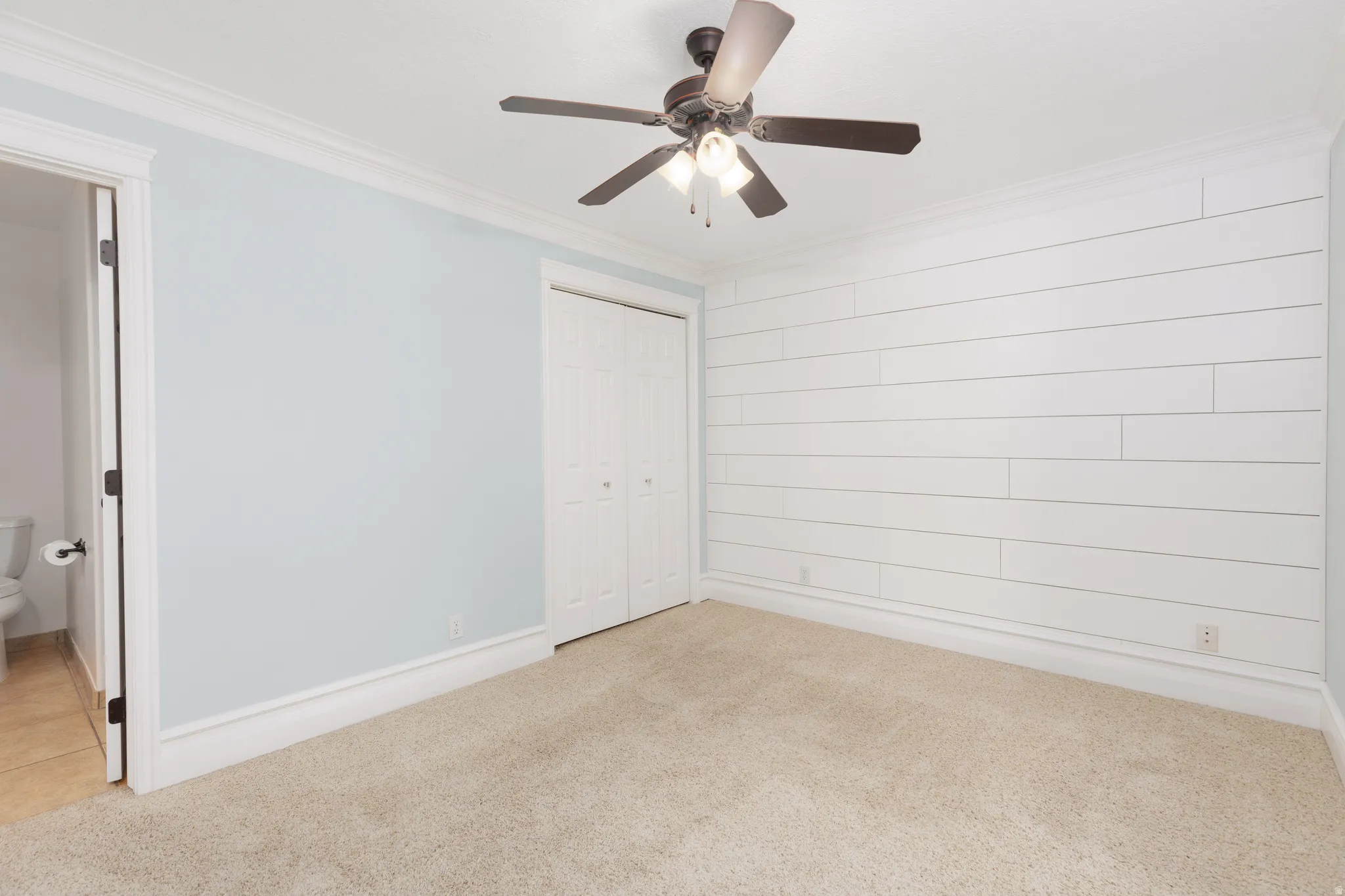 Wall-mounted wood paneling, ceiling fan, bi-fold closet doors, wall-to-wall carpeting, and crown molding