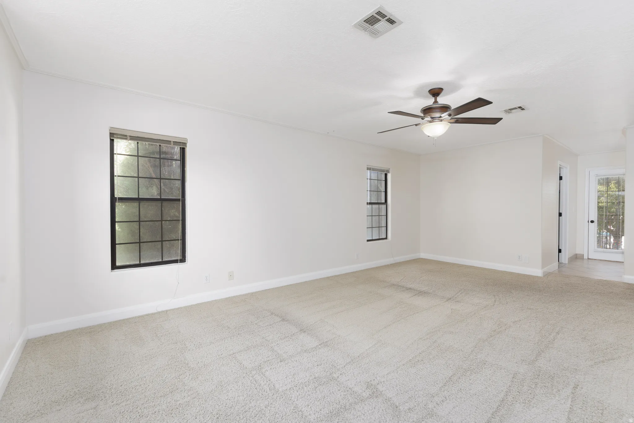 Spacious room featuring neutral carpeting, white walls, two single-hung windows, and a ceiling fan with integrated lighting