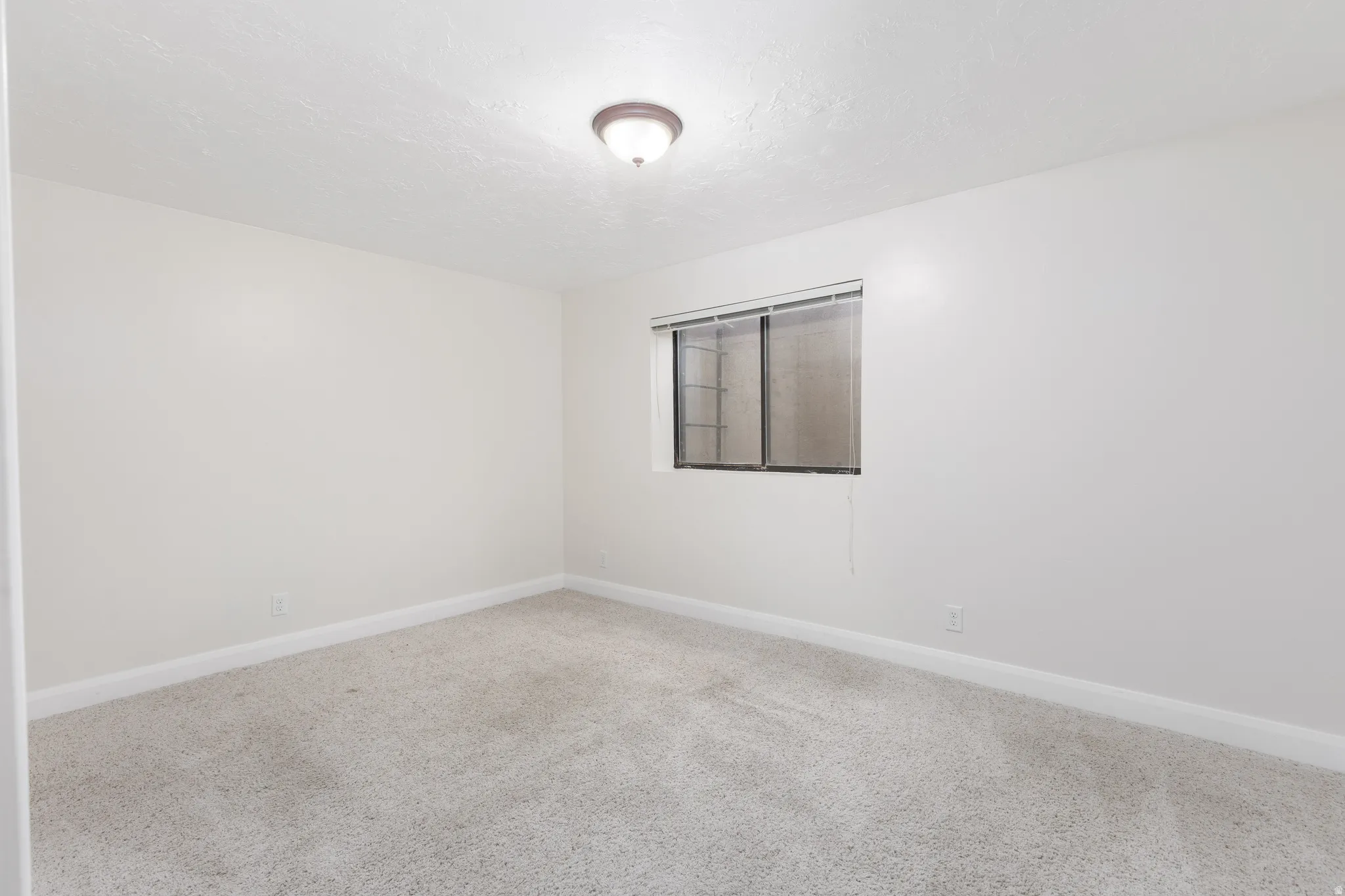 Neutral wall paint with carpet flooring, window with horizontal blinds, and a ceiling-mounted light fixture