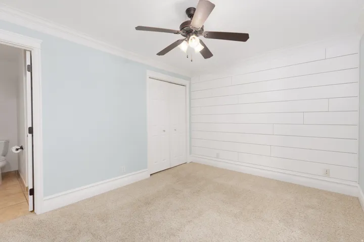 Wall-mounted wood paneling, ceiling fan, bi-fold closet doors, wall-to-wall carpeting, and crown molding