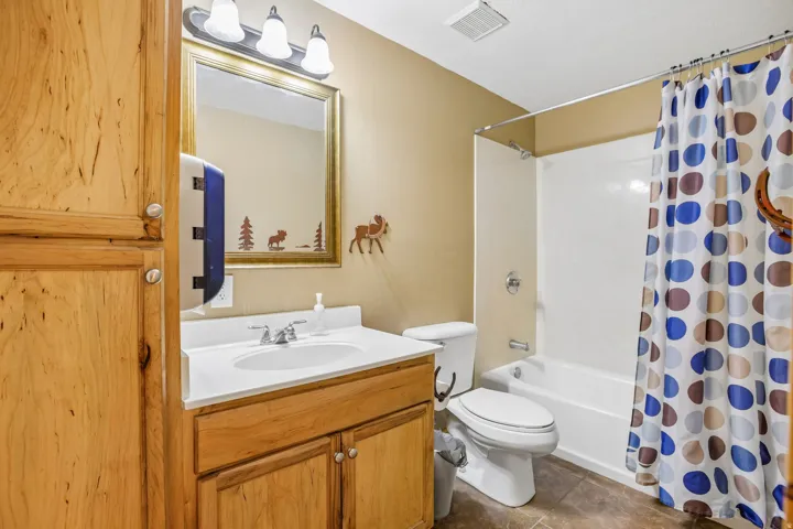 Bathroom featuring vanity, shower / bath combo, and dark tile patterned flooring