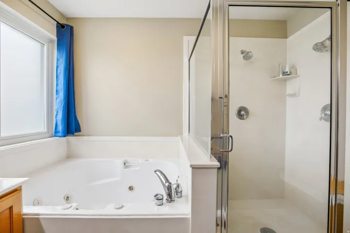 Primary Bathroom featuring a stall shower, a whirlpool tub, and vanity
