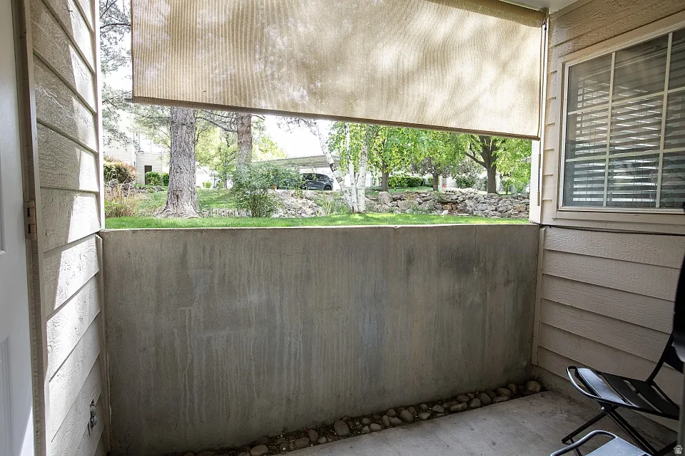 View of patio with storage closet