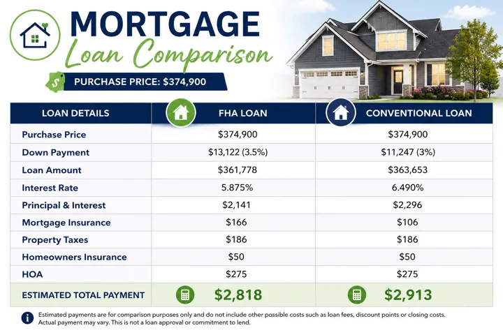 Mortgage Loan Comparison. Presenting a comparative analysis of FHA and Conventional loan options for a property