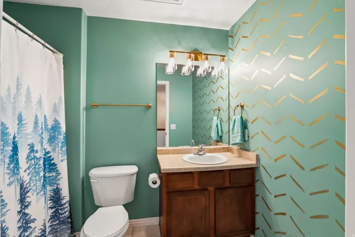 Bathroom with vanity and curtained shower