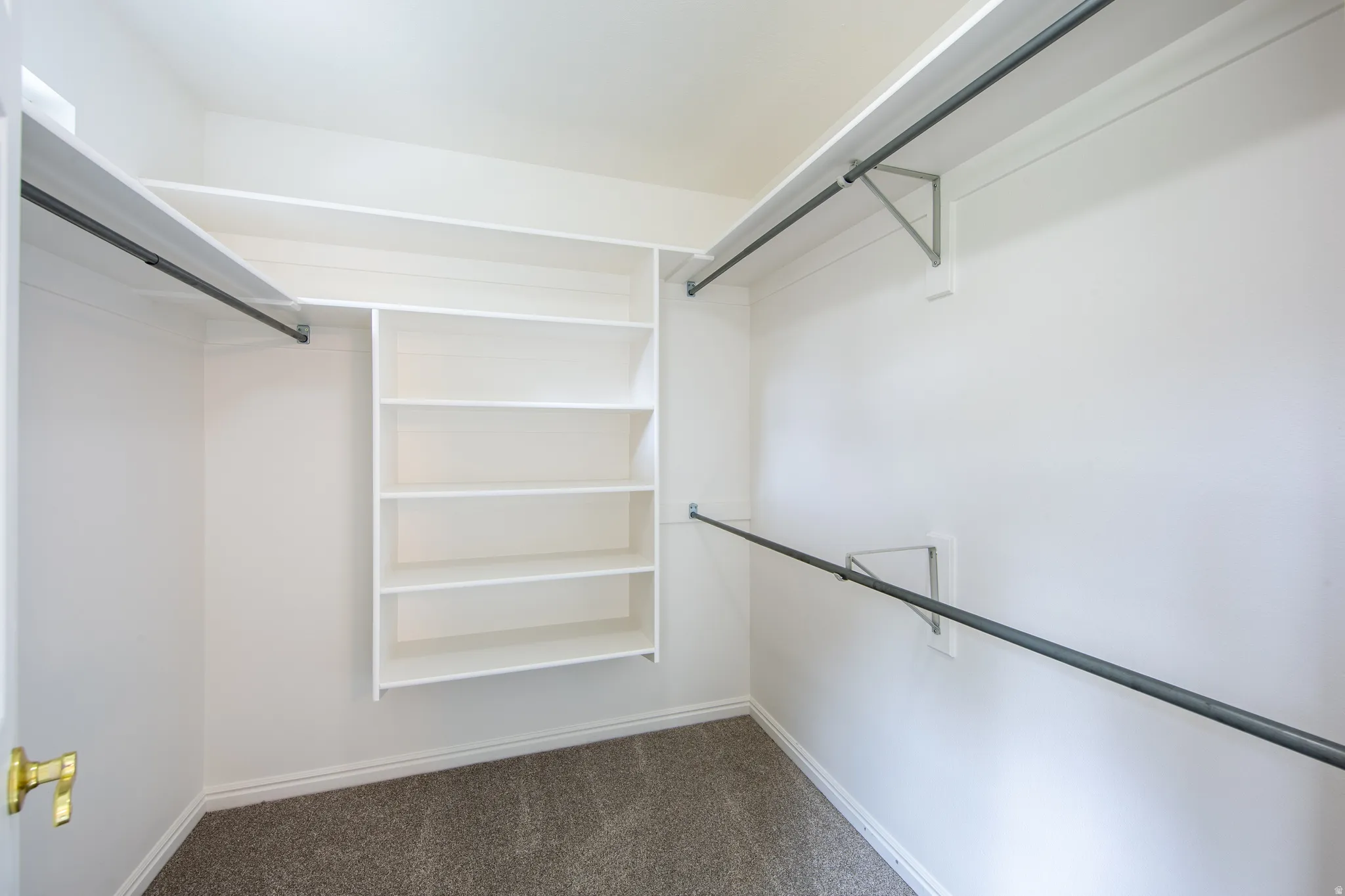 Walk in closet featuring dark colored carpet