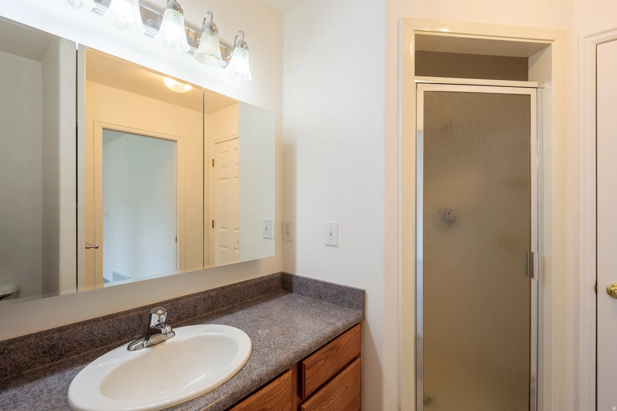 Full bathroom featuring a stall shower and vanity