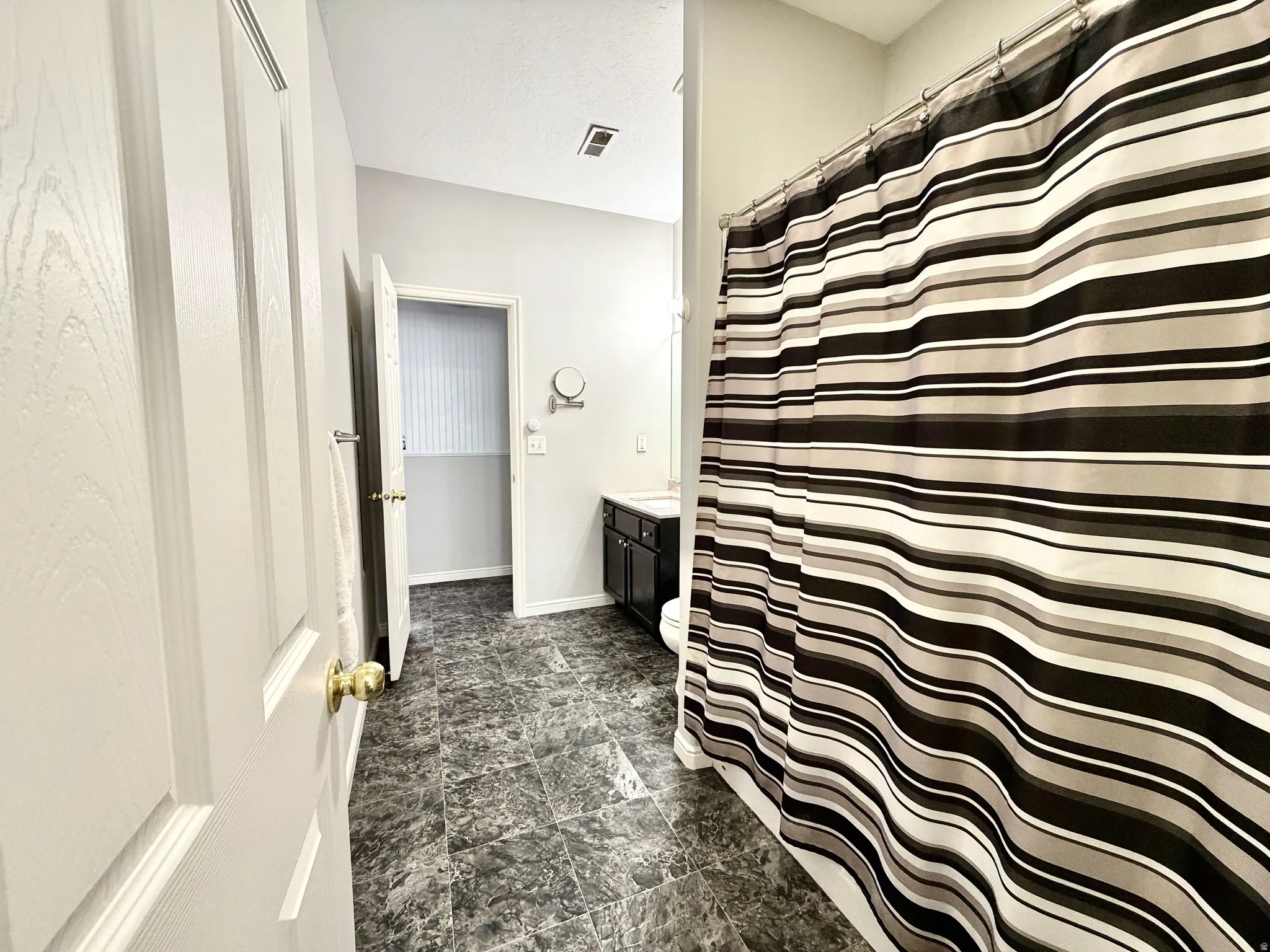 Bathroom featuring dark-toned flooring, a vanity with a white basin, and a wall-mounted mirror