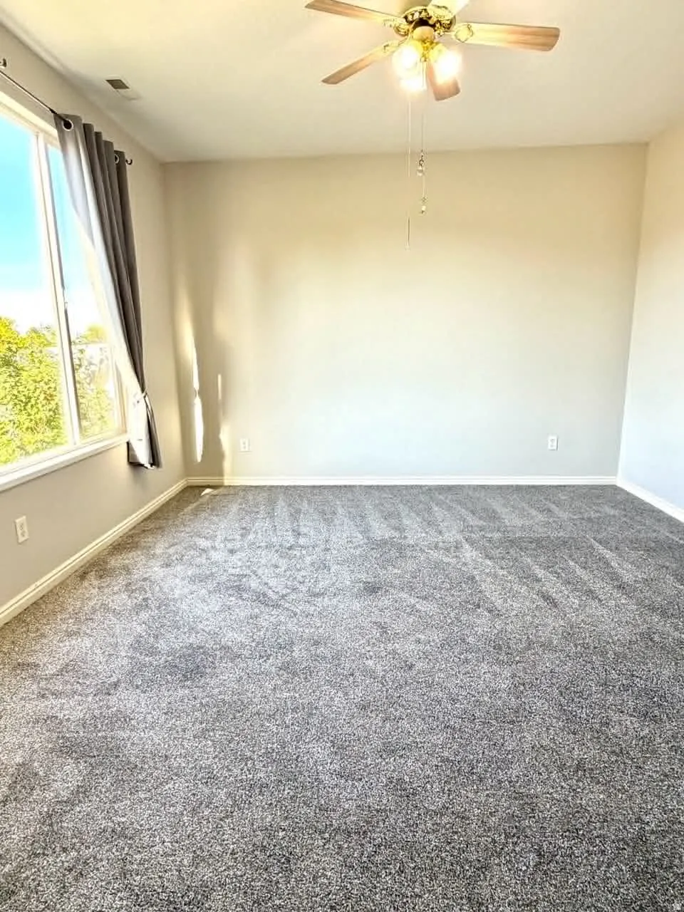 Spacious room featuring neutral carpeting, light-toned walls, and a ceiling fan with integrated lighting