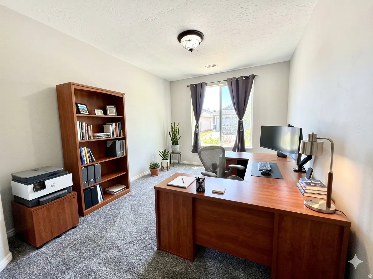 VIRTUALLY STAGEDCarpeted room with a ceiling-mounted light fixture, neutral wall finishes, and a window with natural light