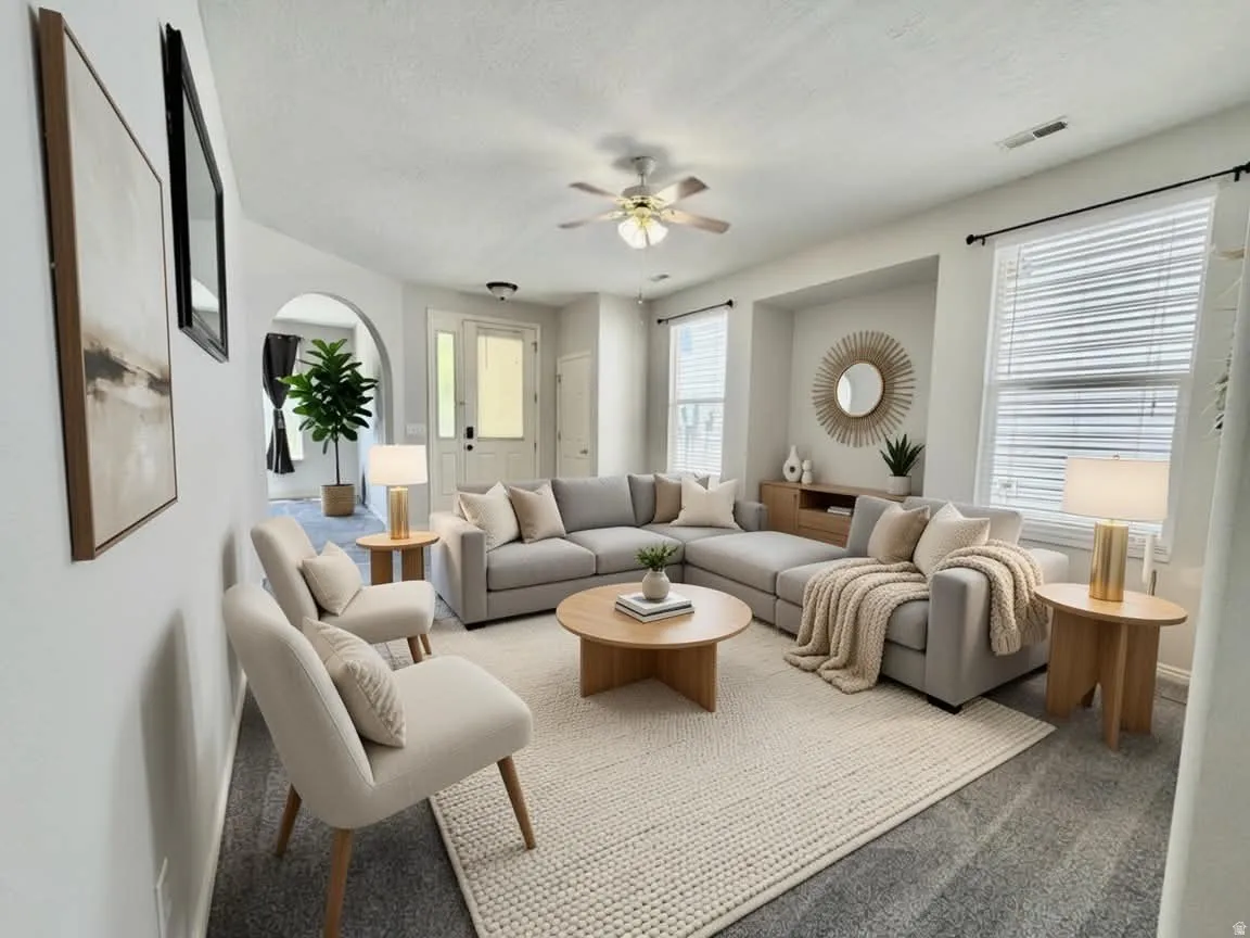 VIRTUALLY STAGED Spacious living area featuring light gray carpeting and a textured area rug