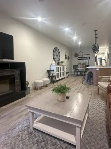 Living area with light wood-style flooring and a glass covered fireplace