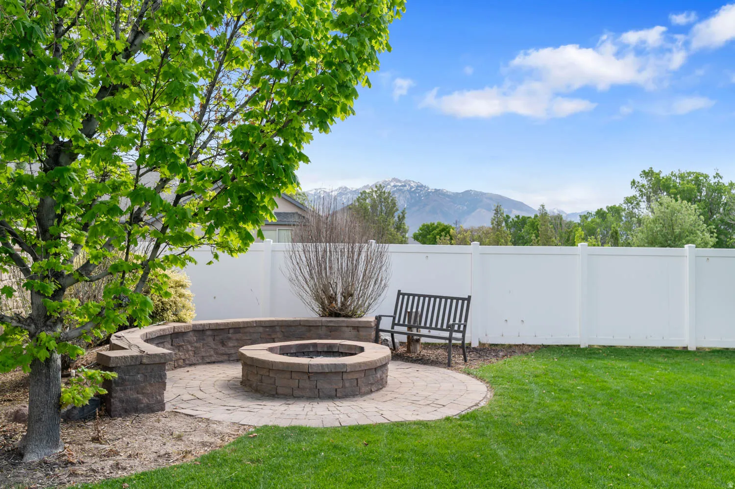Fenced backyard with a patio area, a mountain view, and a fire pit