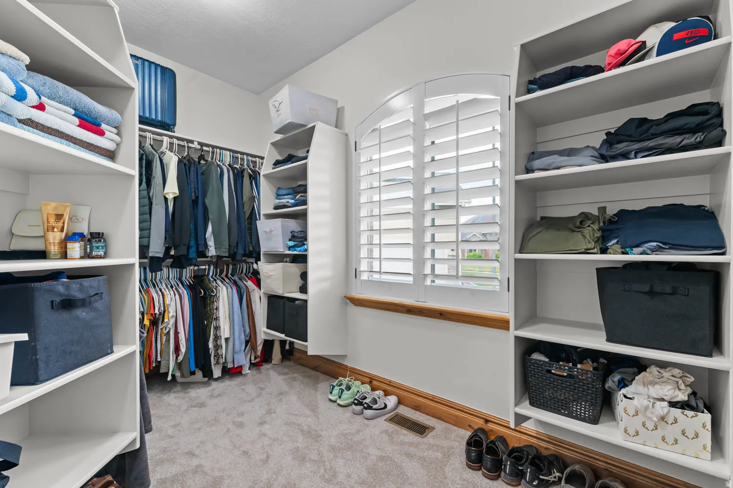Walk in closet with light carpet