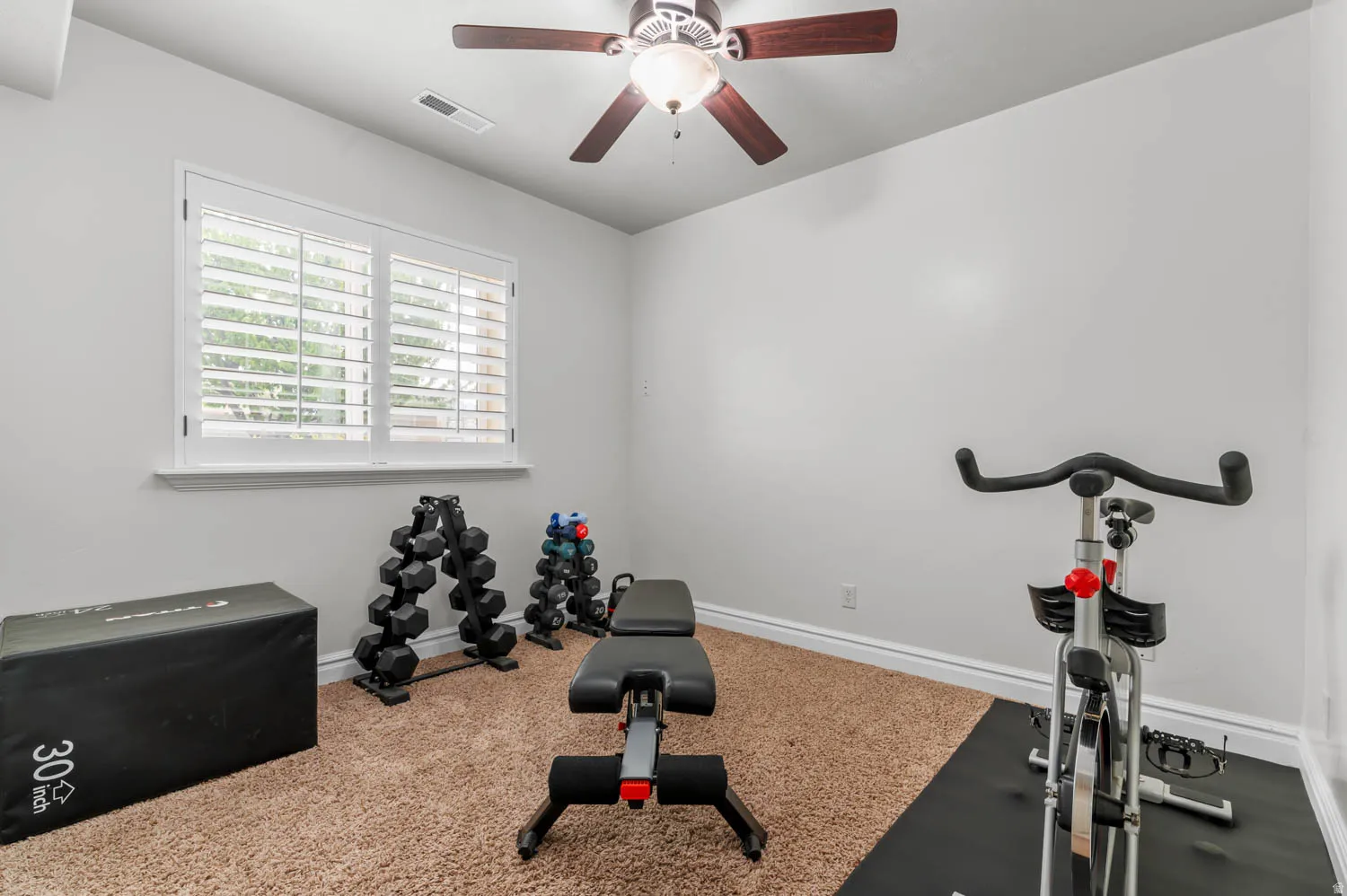 Exercise room featuring a ceiling fan and carpet