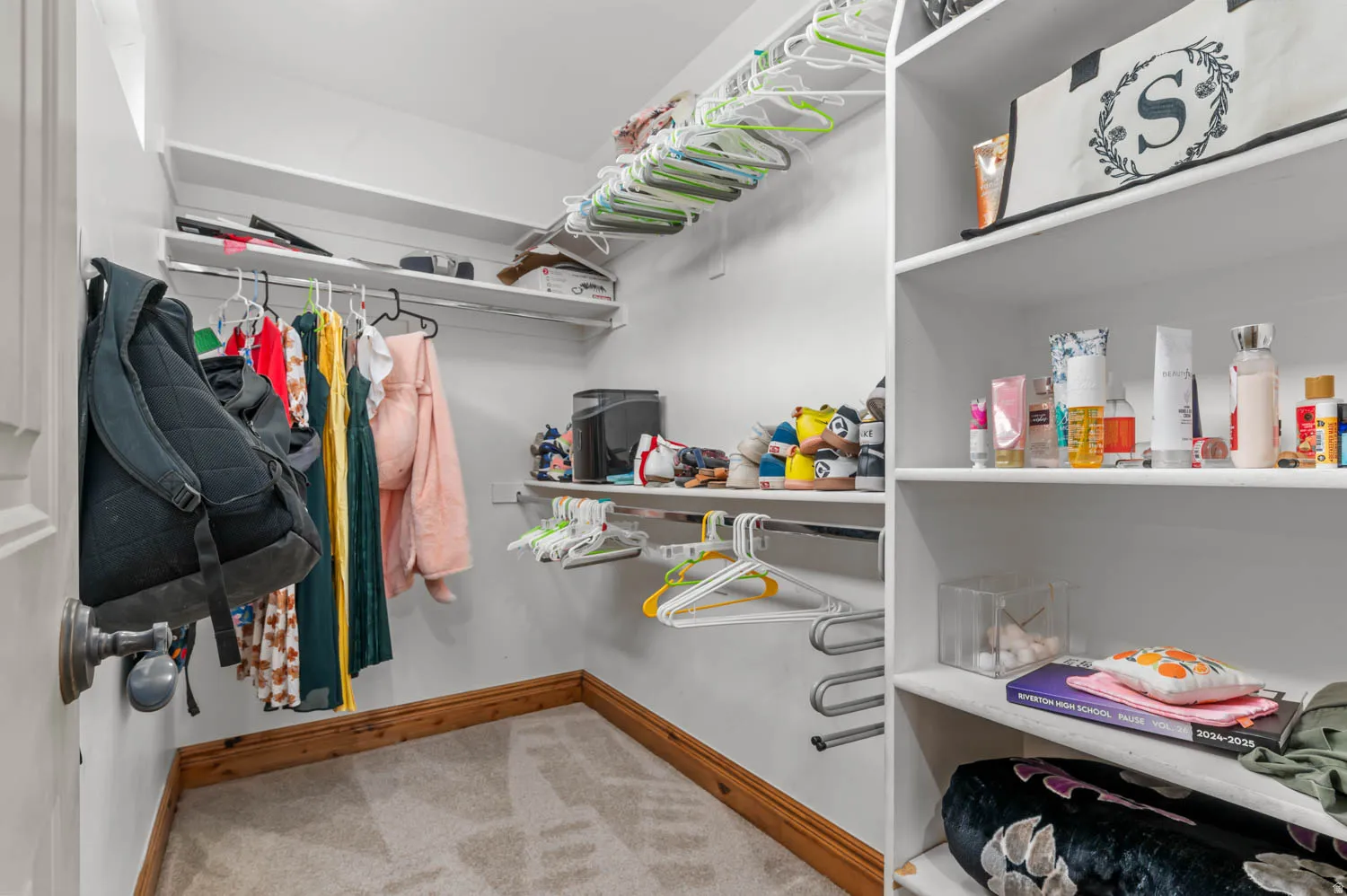 Walk in closet with light carpet