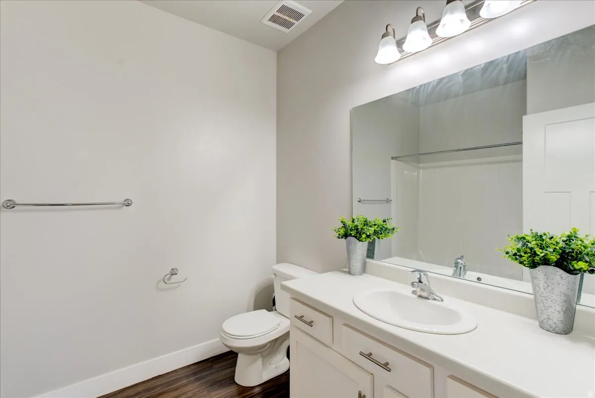 Full bathroom featuring vanity and dark wood-type flooring