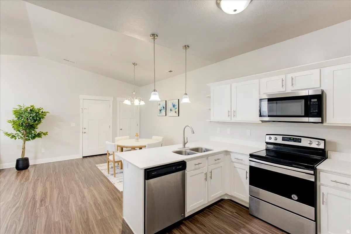 Kitchen featuring stainless steel appliances, a peninsula, white cabinetry, dark wood-type flooring, and vaulted ceiling