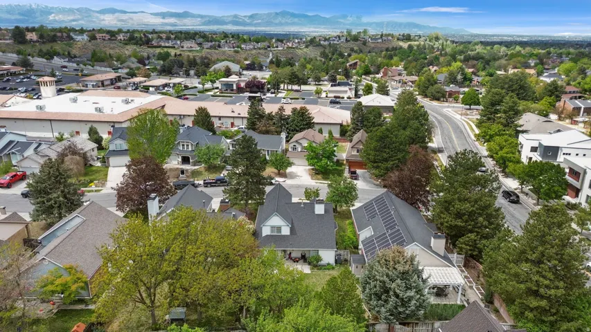 Aerial perspective of suburban area with mountains