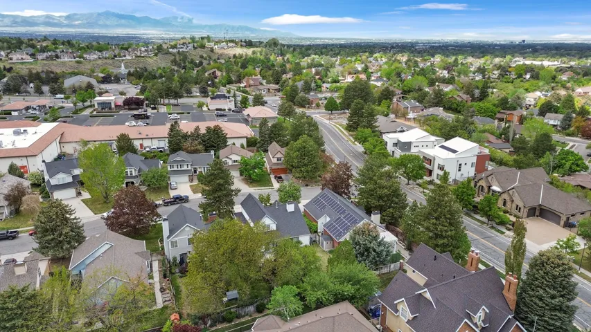 Aerial perspective of suburban area with mountains