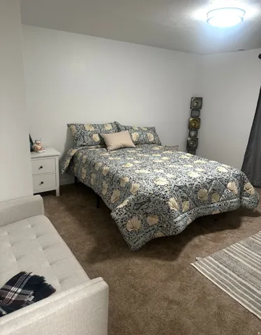 Bedroom with dark colored carpet