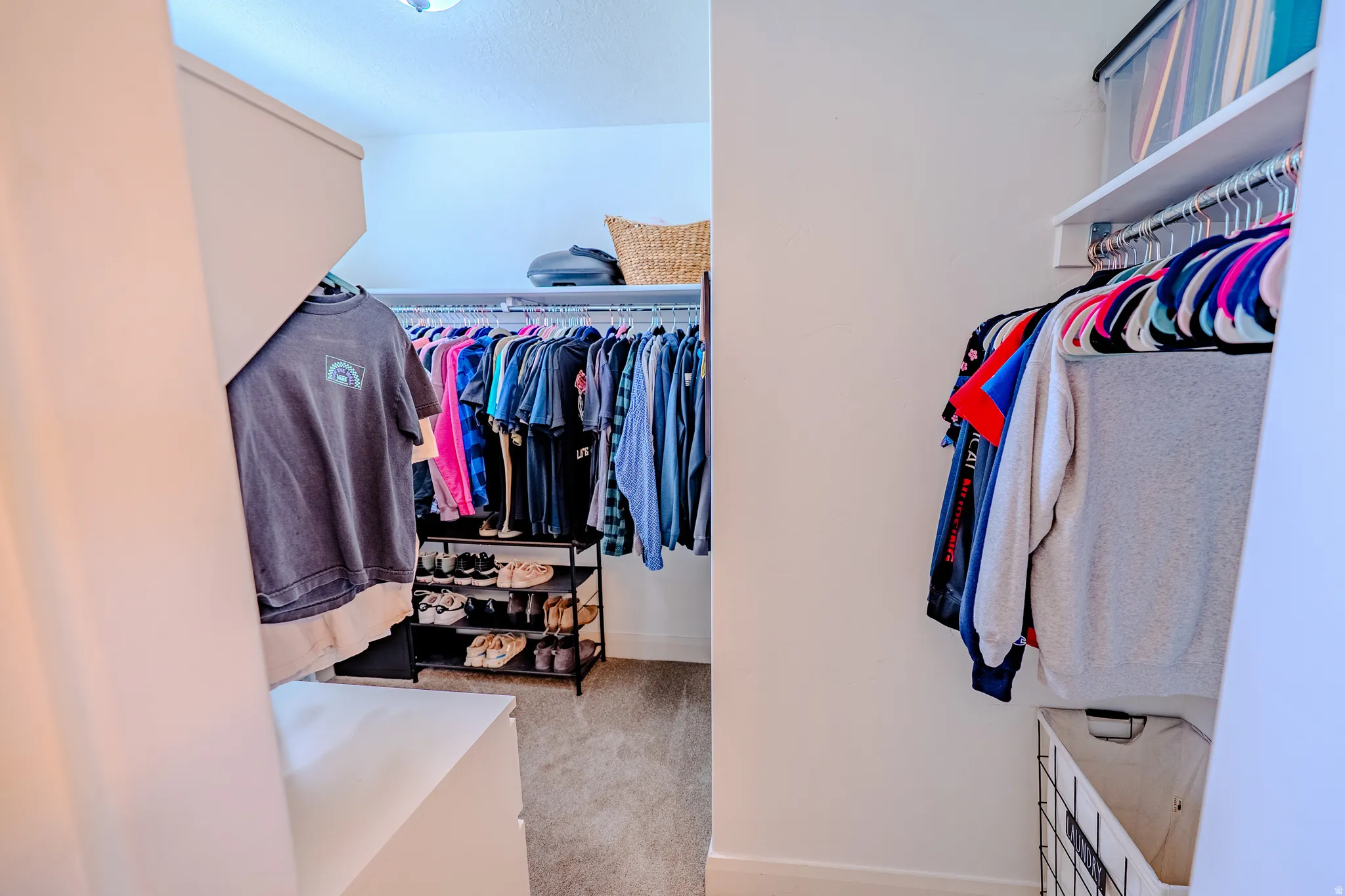 Walk in closet with light colored carpet