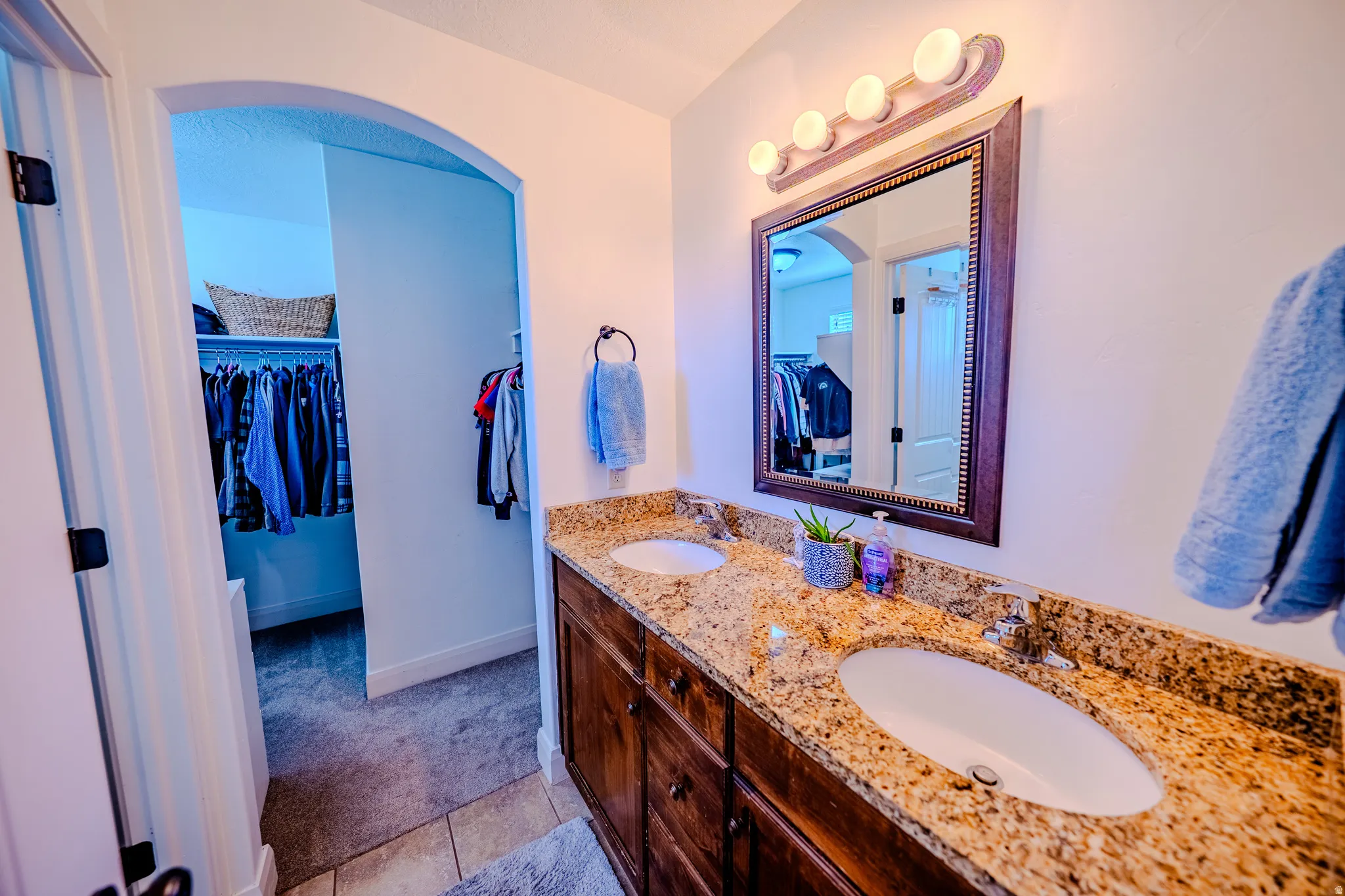 Full bath featuring double vanity, a walk in closet, and light colored carpet