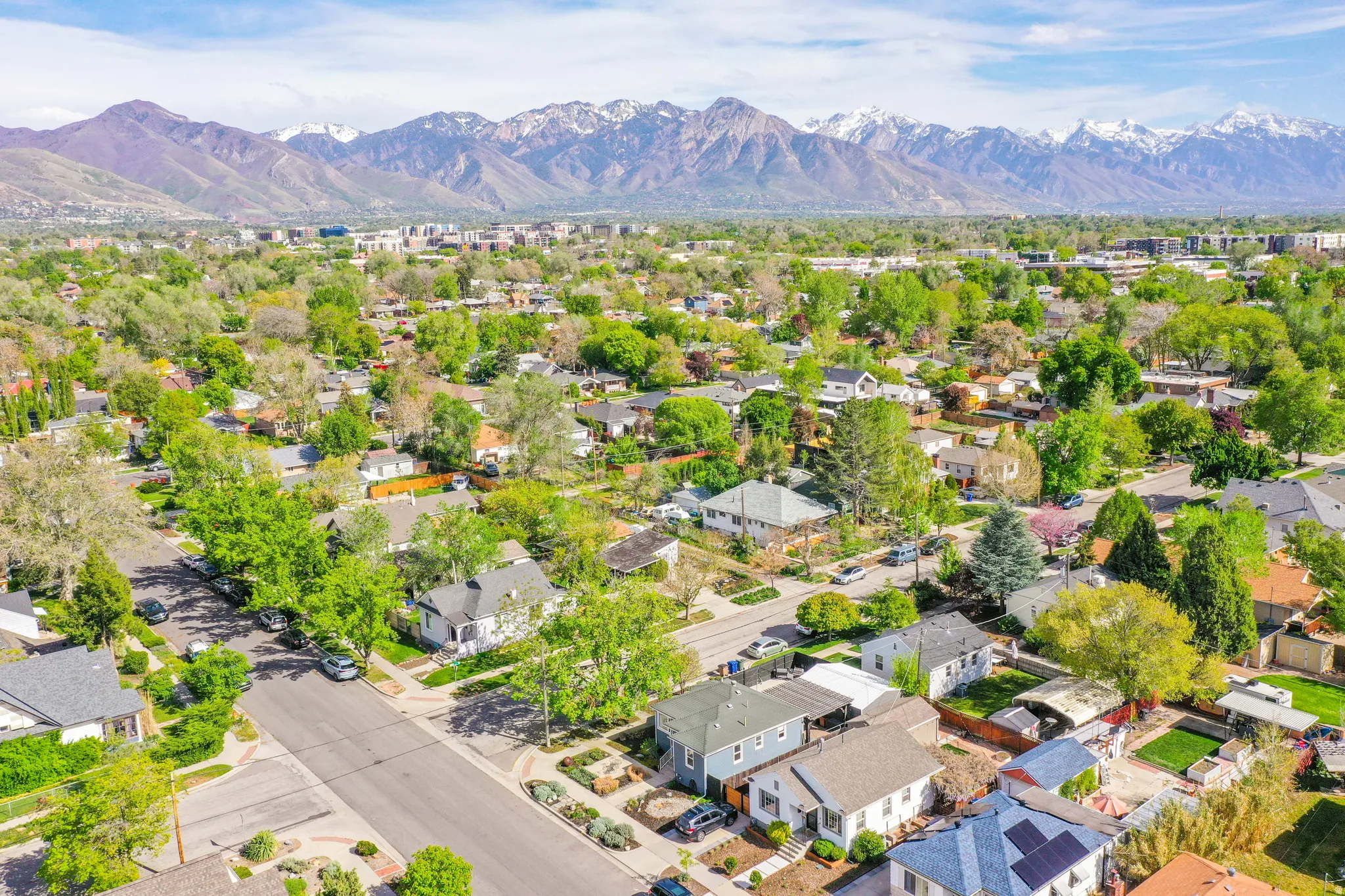 Aerial perspective of suburban area featuring mountains