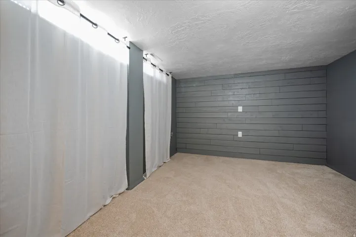 Carpeted empty room featuring wooden walls and a textured ceiling