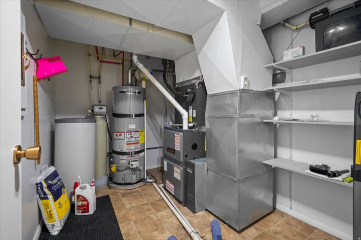 Utility room with heating unit and secured water heater