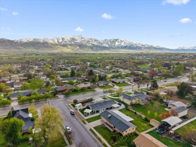 Aerial perspective of suburban area with mountains