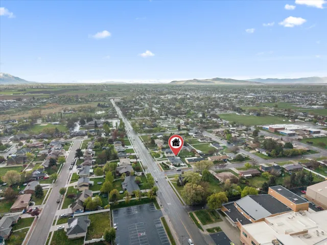 Aerial perspective of suburban area with mountains