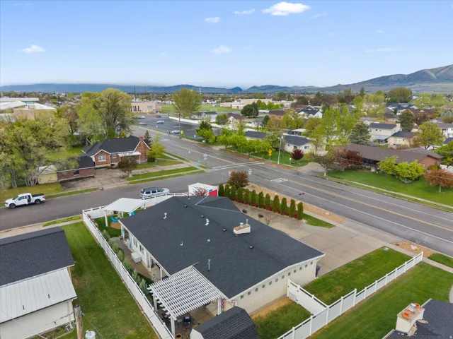 Aerial perspective of suburban area with mountains