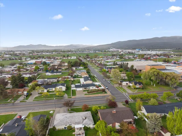 Aerial view of residential area with mountains