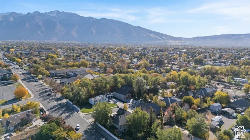 Aerial view of residential area with mountains