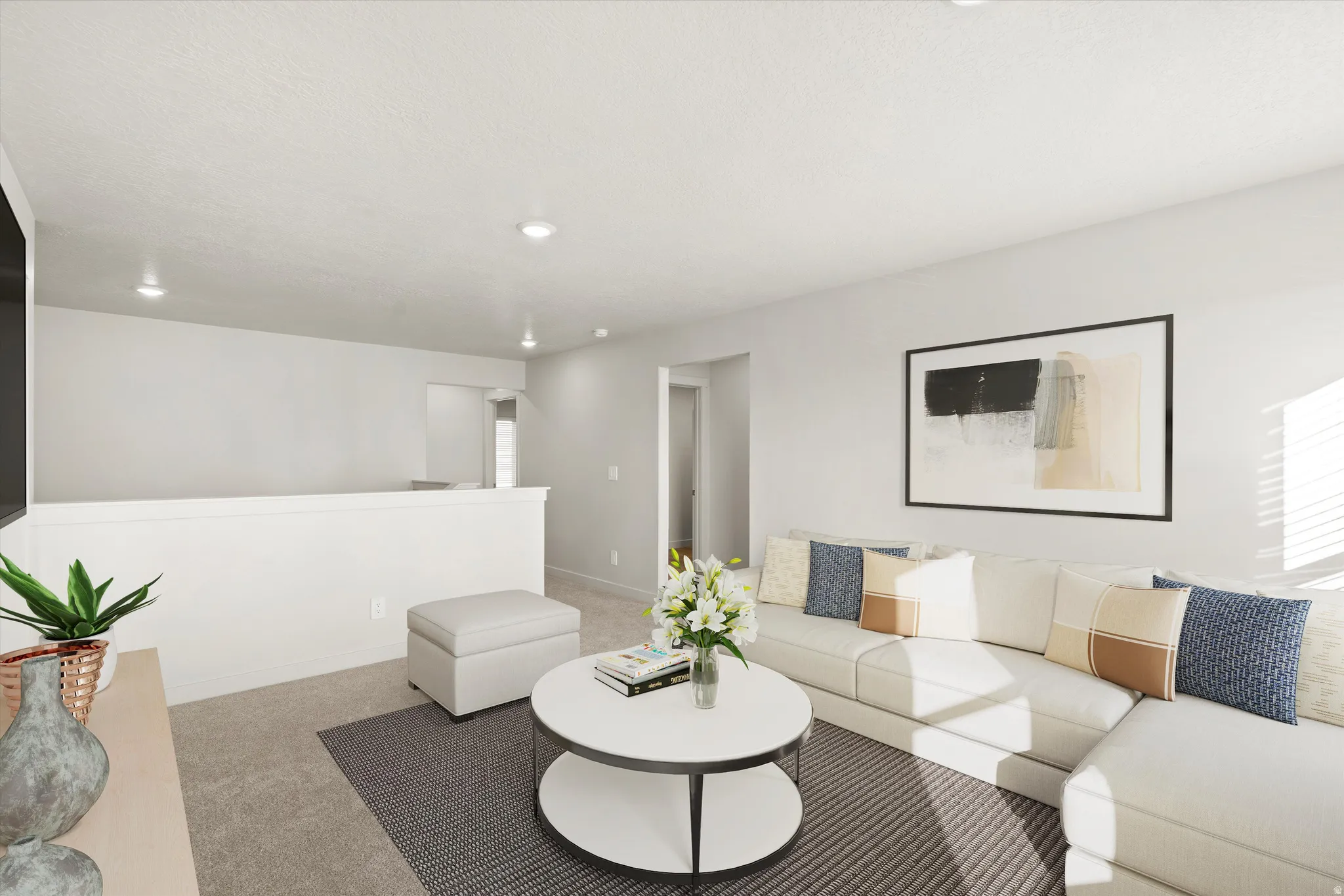 Living room with light carpet and recessed lighting