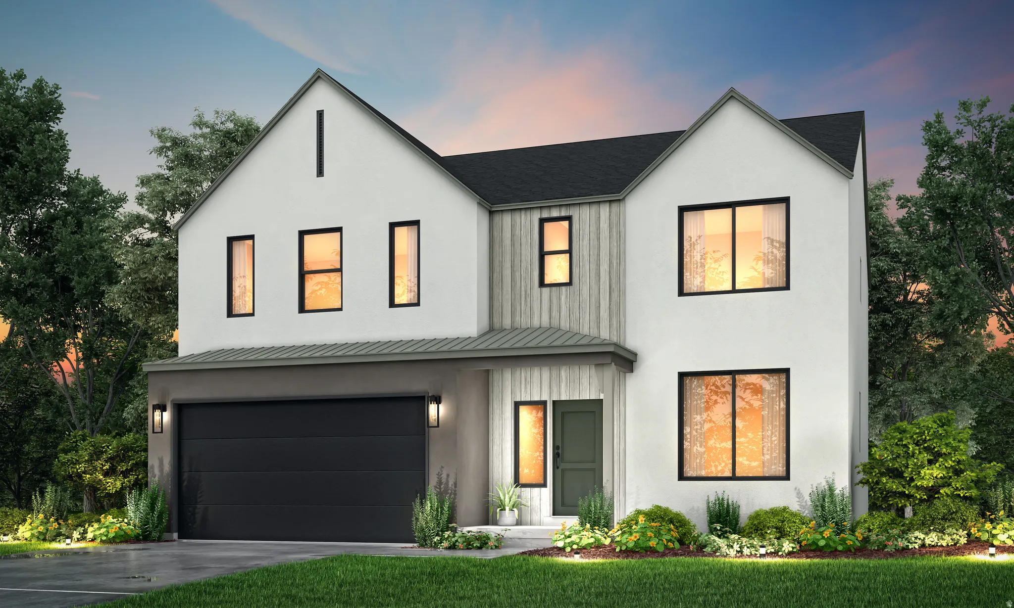 Modern farmhouse style home featuring an attached garage, driveway, a metal roof, and stucco siding