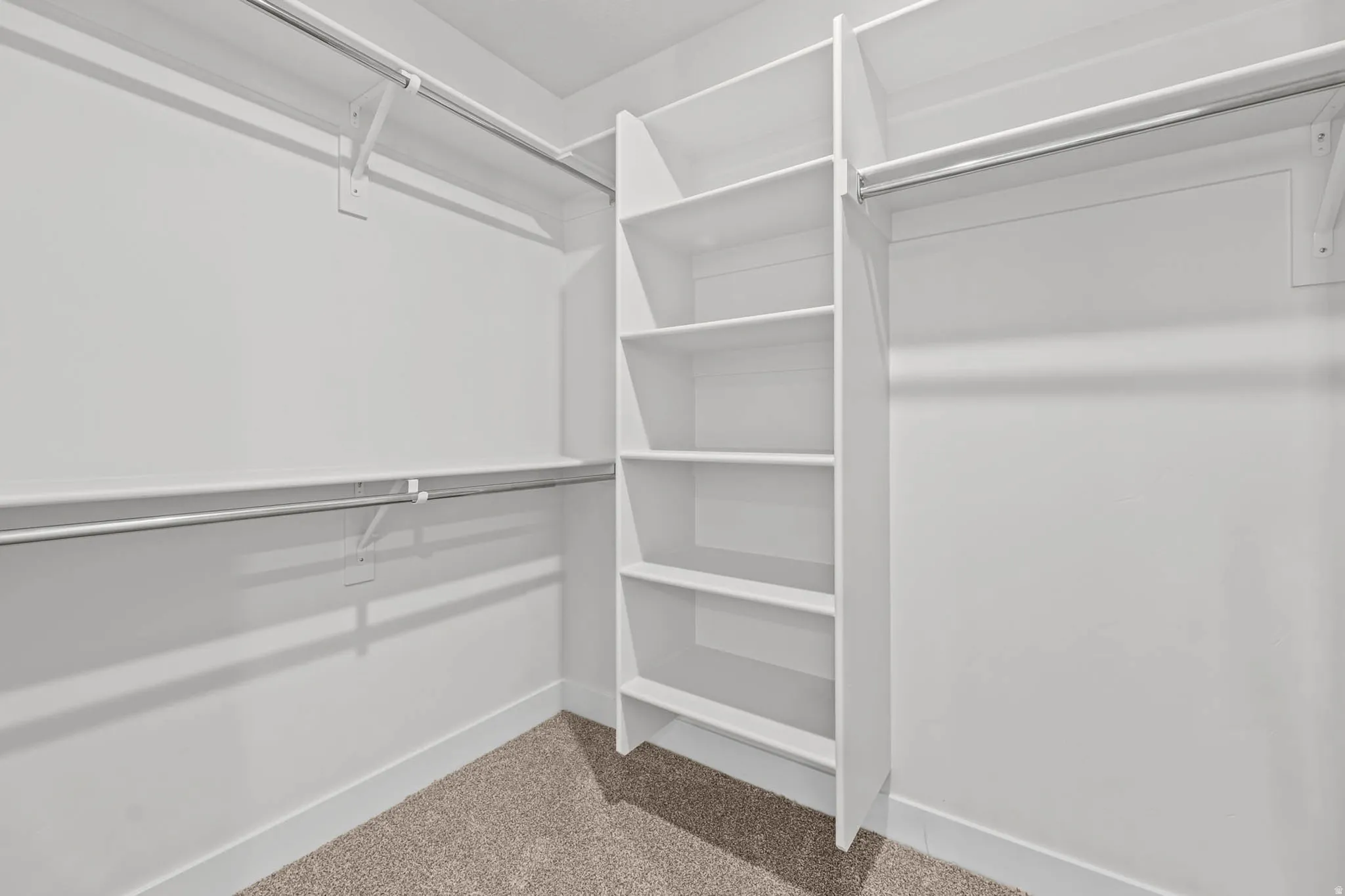 Walk in closet with light colored carpet